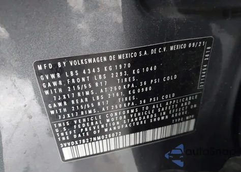 2022 Volkswagen Taos 1.5T S from USA, damaged, VIN 3VVDX7B27NM026072